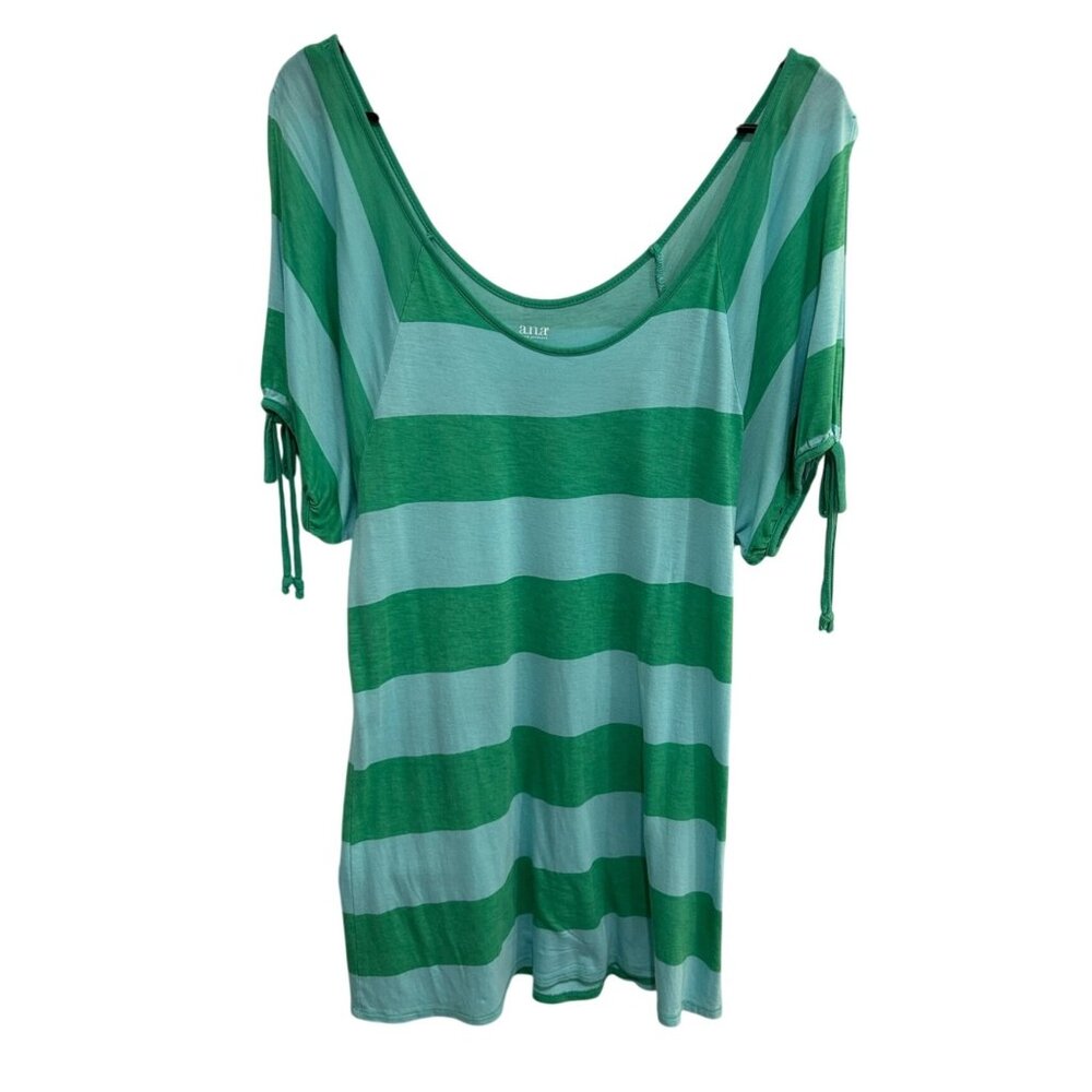 A.N.A Womens Green Blue Striped Tunic Top Adjustable Sleeves Size Large